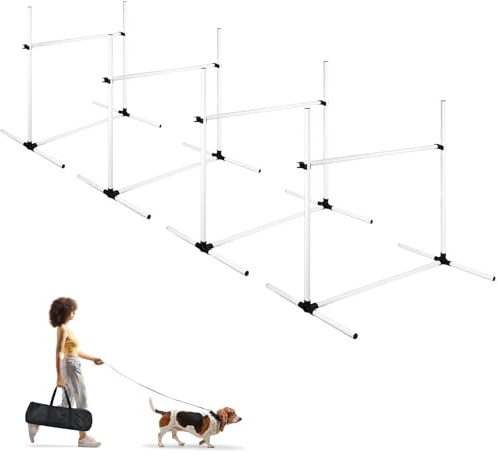 UISEBRT Hunde Agility Set, 4er Slalom Stangen Hürdenset für Haustiere, PVC Hundetrainings-Set mit Tragetasche, Höheinstellbar 104x70x101cm, Weiß