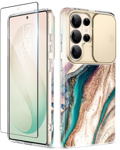 GVIEWIN Kompatibel med Samsung Galaxy S26 Ultra Case med kamerafodral + skärmskydd, [militärkvalitet droppskydd] marmor reptåligt stöttåligt fodral 5G 6,9 tum 2025, Drift sand/brun