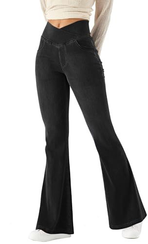 LaiEr Women Bootcut Jeans V Crossover High Waist Pull on Tummy Control Casual Fitness Skinny Yoga Pants,Denim Highly Elasticity Soft Fabric,Flared Fitness Trousers with Side Pockets(BlackM)