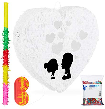 4 tlg. Pinata Set Hochzeit, XXL Konfetti Sack 0,28 kg, Pinatastab mit Augenbinde, Herzpinata, Pinatastock & Maske, bunt