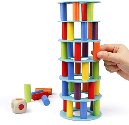 Coogam Hölzern Turm Stapelspiel, Feinmotorik-Bausteine mit Würfeln Schiefer Turm Spielzeug Montessori Family Party Games für Kinder und Erwachsene