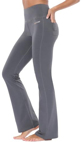 BALEAF Yogabyxor, dam, hög midja, slagbyxor, magkontroll, fritidsbyxor, bomull, sportbyxor, långa, yogabyxor, med fickor, normal/stora, Grå (innersula: 76 cm), S