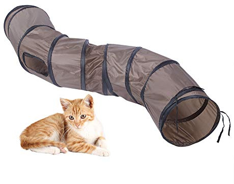 Collapsible Cat Tunnel Toy, S-shape Curve Tunnel with Holes Pet Cat Playing Tunnel Indoor Outdoor Training Toy for Kitten Rabbits Small Animals, Brown