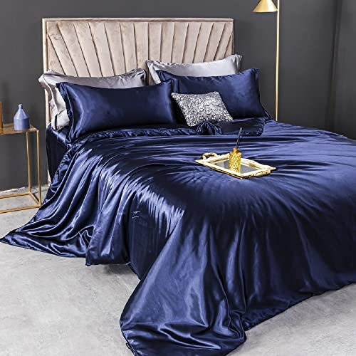 Lanqinglv Double Duvet Cover Set Navy Blue Silky Satin Luxury Bedding Set Double Bed Smooth Shiny Quilt Cover 200x200cm with Zipper Closure and 2 Pillowcases 50x75cm