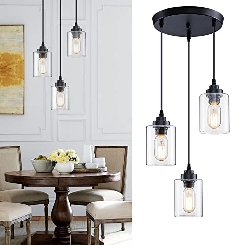 SKEJAO 3-Light Pendant Lighting,3 Pendant Light Fixture for Kitchen Island,Dining Lamp Ceiling Hanging,with Adjustable Cord and Glass Shade for Farmhouse Living Dining Room Bar,Black