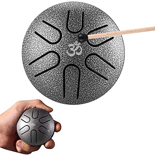 Aedcbaide Zungentrommel Tragbare Mini Trommel 3 Zoll 6 Töne Steel Tongue Drum, D-Dur Klangschale Handpan Instrument mit Schlägeln für Meditation Yoga Klangheilung Garten Weihnachten (Silber)