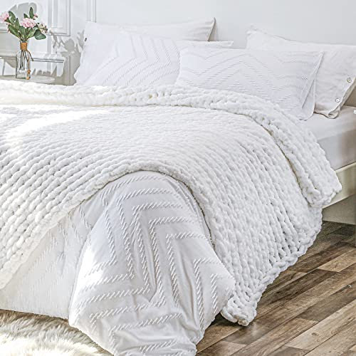 Bigacogo Tjock stickad filt för soffan, 130 x 160 cm, 100 % handstickad med tjockt jumbo Chenille-garn, mysig mjuk stor rep knut kabel virkning filtar för bäddsoffa vardagsrum, vit