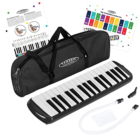 Classic Cantabile FML-32 BK Melodica - Blasharmonika mit 32 Tasten - Tonumfang: f - c³ - Booklet mit 5 Kinderliedern und bunten Aufklebern - Mit Etui, Mundstück und Anblasschlauch - Schwarz