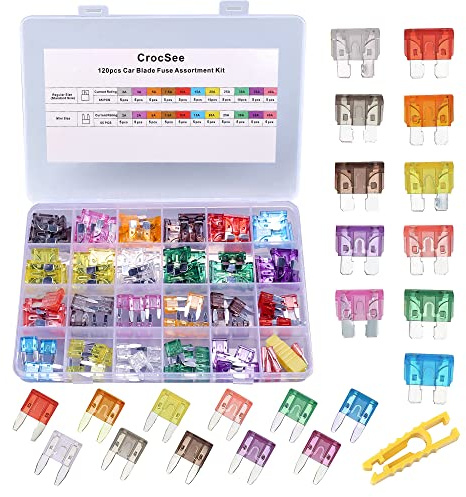CrocSee 120 Pieces - Car Fuses Assortment Kit, Blade-Type Automotive Fuses - Standard & Mini Size (2A/3A/5A/7.5A/10A/15A/ 20A/25A/30A/35A/40A), Replacement Fuses for Car/RV/Truck/Motorcycle/Boat