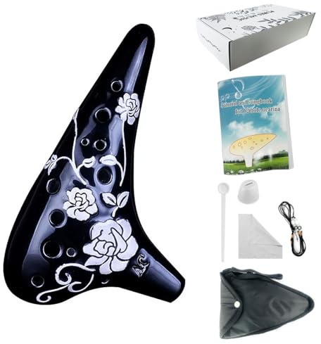 Rose Flower Ocarina 12 Hole Alto C Relief Pattern AC Tone Ceramic Instrument (Black)