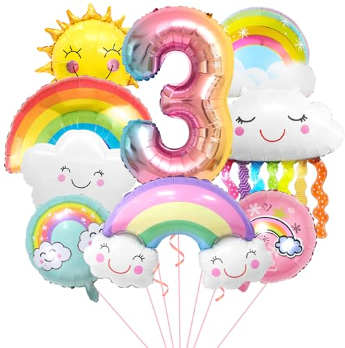 Regenbogen Geburtstagsdeko 3, Folienballon Wolken, Zahl 3 Ballon, Luftballons Wolken Quasten, Helium Ballon Sonne, für Jungen Mädchen Geburtstag Party Dekoration