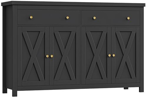 FOTOSOK Sideboard Buffet Cabinet with Storage, 55 Large Kitchen Storage Cabinet with 2 Drawers and 4 Doors, Wood Coffee Bar Buffet Table for Kitchen Dining Room, Black