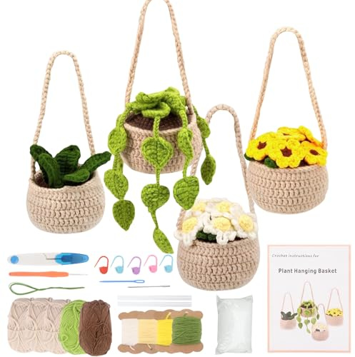 Bemodst Crochet Kits for Beginners Adults, 4 PCS Hanging Potted Plant Yarn Set, Crochet Potted Plant DIY Crochet Kits, Crochet Set Craft Art Gift, Complete Crochet Kits for Starters Adults