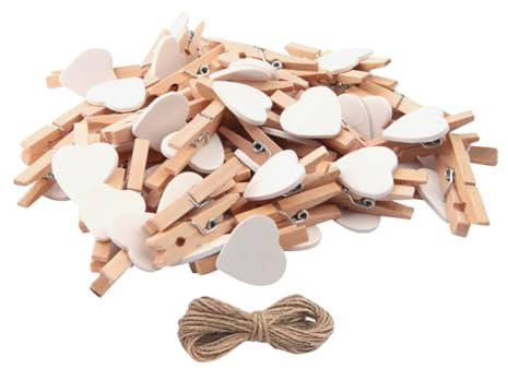 50 Stück Herz Holz Wäscheklammern Holz Wäscheklammern Foto Clips Holz Handwerk Clips Bild Kleiderbügel Display Clips mit Schnur für Hochzeit Baby Shower