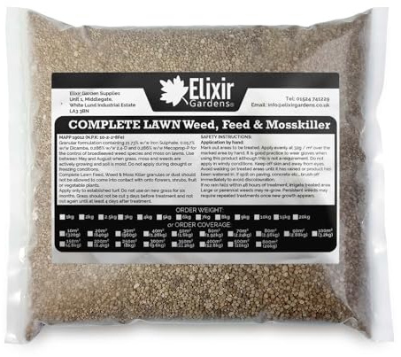 Elixir Gardens Seasonal Lawn Fertilisers for Turf & Grass | Complete Lawn Weed, Feed & Mosskiller with added Iron | 10-2-2+8Fe | Treats 250 Sq. Meters