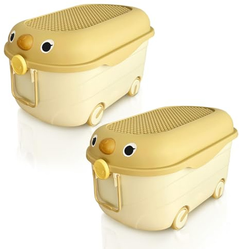 Froppi Toy Box Storage with Lid and Wheels, XL Size, 2 Pack, 70L (Yellow) | Stackable, Lockable, Large Capacity, Quality PP Plastic, Dog Toy Box, Toy Storage Unit, Kids Storage
