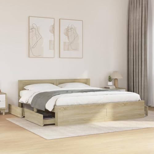 KOIECETA Bettgestell Bett mit Kopfteil Bettrahmen mit Lattenrost Doppelbett Schlafzimmerbett mit Stauraum Sonoma-Eiche 180x200 cm Holzwerkstoff