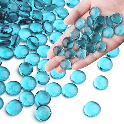 Sea Blue Glass Marbles, 0.97 LB Transparent and Smooth Flat Glass Beads for Vases, Mosaic Gem Pebbles for Aquarium Decor, Floral Arrangements, Mancala Stones, Vase Filler and Crafts,Approx. 80-100 PCS