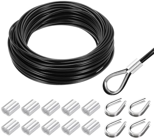 Kvartsman vajer rostfritt stål 20 m x 3 mm stålvajer PVC-täckt med 10 aluminiumhylsor och 4 fingerborgar, säkerhetstråd upphängningstråd tvättlina för bilder växter staket gardiner, svart