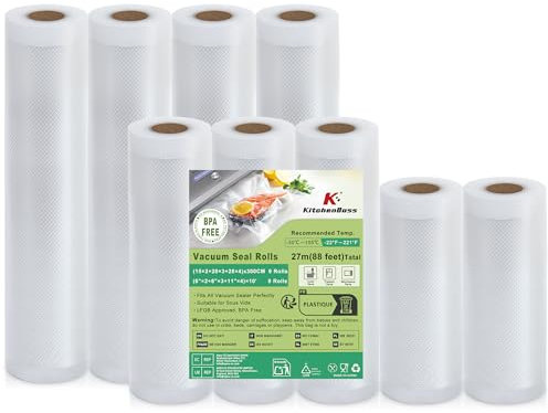 KitchenBoss Bolsas Vacio Alimentos 9 Rollos：Rollos Envasadora al Vacio 15x2/20x3/28x4/300cm, Bolsas Envasar al Vacio Alimentos para Máquinas Selladoras, Rollos al Vacio Resistente al Desgarro