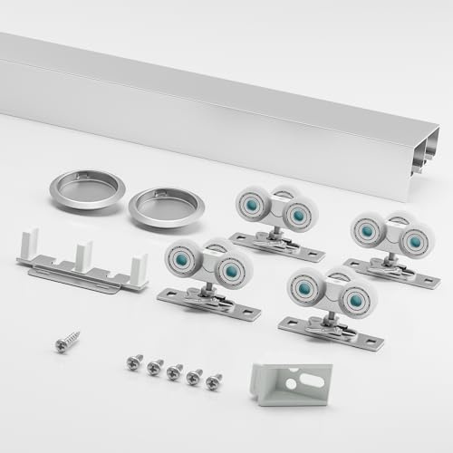 LAJIAOZ 6FT Aluminum Bypass Sliding Door Hardware Kit, 2 Door System with Finger Pulls, Quiet & Smooth Rollers, Fits 1 3/8-1 3/4 Thickness Closet Cabinet Room Divider Sliding Track Set, Silver
