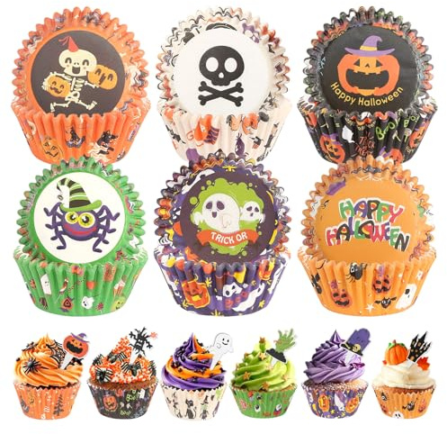 150 moldes de papel para magdalenas de Halloween, con 150 moldes de papel para cupcakes, decoración de fiestas y postres