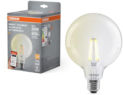 OSRAM Lampada LED SMART+ Globe, E27, filamento trasparente, bianco caldo 2700 K, dimmerabile, controllo tramite app e voce, compatibile con Alexa e Google