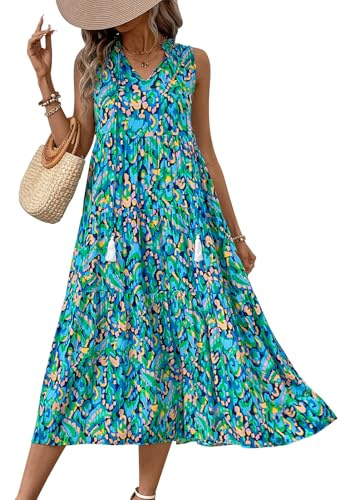 Jamron Donna Estate Boho Abito da Spiaggia Senza Maniche con Scollo a V Abito Lungo Casual Fluido con Stampa Floreale Turchese M