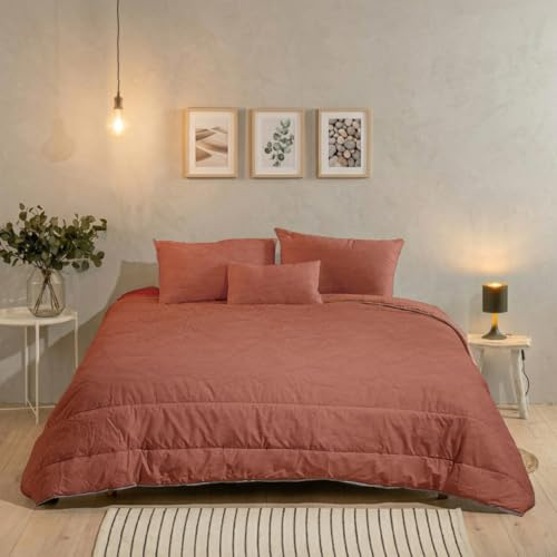 Bleu Calin Couette Chaude Réversible 220x240 cm pour Lit 2 Personnes, Microfibre Lavée, Fabriquée en France, Oeko-Tex, Terracotta