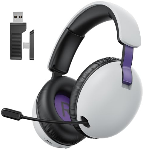 OPUTIK Wireless Gaming Headset for PS4 PS5 PC Bluetooth Gaming Headphone with Microphone White Gamer Headset with Mic, 2.4GHz Lossless Audio, USB & Type-C (White Purple)