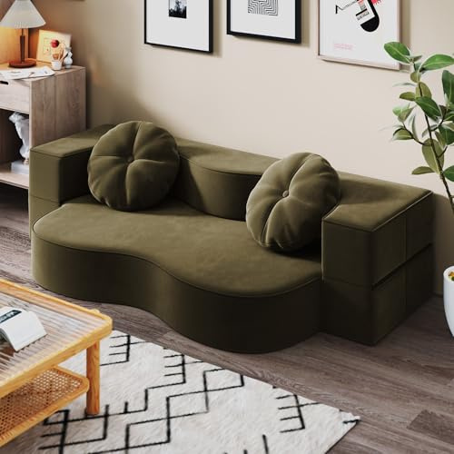 Devoke 67'' Folding Boneless Sofa Bed 2 Seater Small Floor Mattress Convertible Sleeper Sofa Loveseat Futon Couch with 2 Pillows for Living Room Bedroom Green