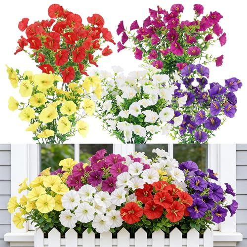 Huiguli 9 Piezas Flores Artificiales Exterior, Seda Gloria Matutina Resistentes a los Rayos UV, Plantas Artificiales Exterior para Jardín Porche Balcón Patio Ventana (5 Colores)