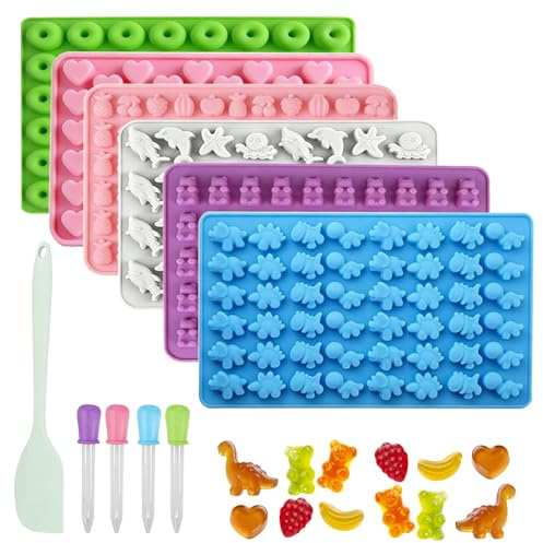 CHUANFU 6 st silikonformar för godis, minigummibjörnsform med 4 droppare, 1 spatel, non-stick, chokladformar, gelé, choklad