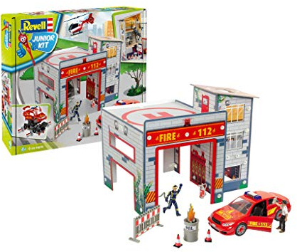 Revell Junior Kit 00850 Spielset Feuerwache, mit bespielbarer Feuerwehrstation, Auto, Figuren und Zubehör, Bauen - Schrauben - Spielen für Kinder ab 4, Mehrfarbig, 47x35x36,5 cm