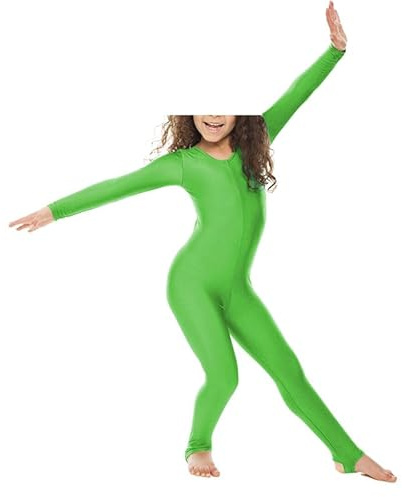 BODYWEAR LTD - Tuta con staffa a maniche lunghe per ragazze in nylon lucido - Corpo intero - Body - Abbigliamento da performance - Vestibilità comoda - Perfetta per danza, balletto, ginnastica, Verde
