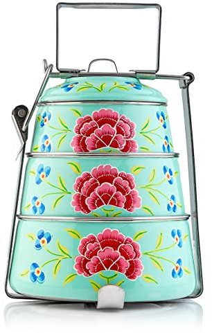 Tiffin pyramide à 3 étages peinte à la main - Peint avec amour par des artisans Kashmiri (vert clair)