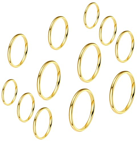 VELESAY 12 Piezas Anillos de Acero Inoxidable para Mujeres Midi Apilables, Anillos de Nudillos Banda de 2mm, Juego de Anillos de Tonos Dorados (Tallas US4-US9)