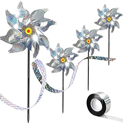 Windräder Vogelabwehr, 4 PCS Reflektierende Windmühle, Obstgarten Vogelabwehr mit 50m Vogelabwehr Vogelband, Windrad Vogelabwehr, Balkon Garten Vogelabwehr, Windrad Obstgarten für Garten