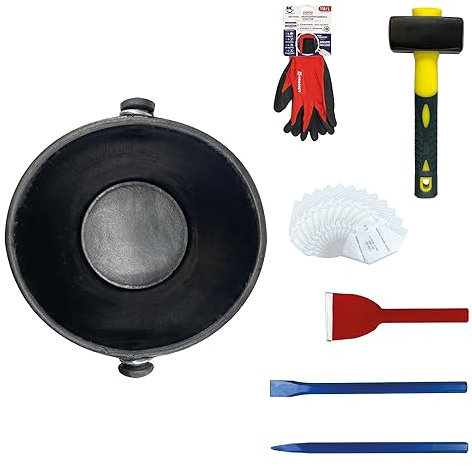 Kit D'outils Maçonnerie & Rénovation, Bricolage - Seau Caoutchouc Naturel Vulcanisé 12L, Massette 1.2Kg, Pointerolle 300mm, Burin 300mm, Ciseau à Brique 70mm, Paire de Gants, Lot 12 masques FFP2
