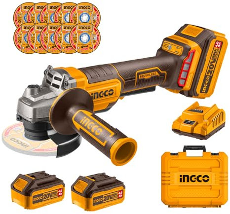 INGCO 115mm Brushless Angle Grinder 20V Cordless Grinder Tools 8000RPM with Safety Trigger Switch with 2Pcs 4.0Ah Battery and 1Pcs Charger, 10Pcs Cutting Discs