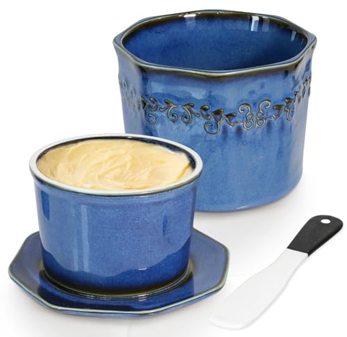 Französische Butterdose, 280g Butterdose Wassergekühlt, Französische Wasserbutterdose mit Wasserlinie, Butterglocke Keramik mit Keramikmesser, Weihnachtsgeschenk für die Küche