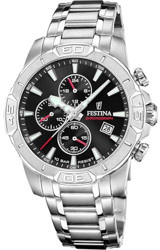 Festina Montre Homme Analogique en Acier Inoxydable 316L Argenté - Mouvement Quartz - Chronographe - Calendrier - Verre Minéral Résistant - Étanche 10 ATM F20704/3 Timeless Chronograph