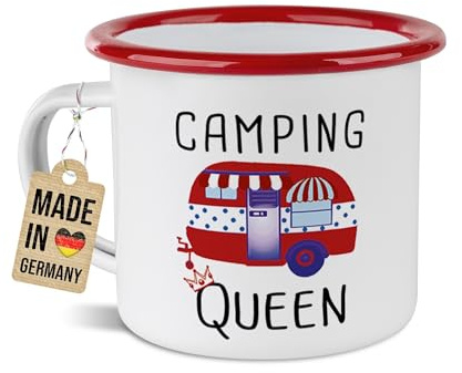 Tassendruck Emaille-Tasse mit Spruch - Camping Queen - Geschenk für Camperin, Campingtasse, Outdoortasse, Geburtstagsgeschenk Frau, 300ml, Rand Rot