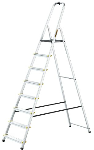 Drabest – Échelle Domestique Pro – Escabeau – 8 marches – Hauteur de Travail 3,62m – Pliant en Aluminium, Charge Max. 150 kg, Crochet Pratique – avec Plateforme 25 × 26 cm, Pieds antidérapants
