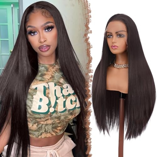 FESHFEN Pelucas Pelo Largo Liso - 13x4 Lace Front Peluca para Mujeres Marrón Oscuro Pelucas Sintético Resistente al Calor Pre Desfilada Wig para Diaria y Fiestas, 75 cm