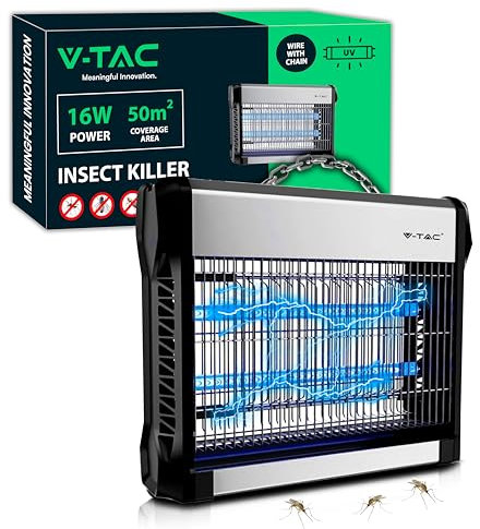 V-TAC Lampe Anti Moustique Électrique 16W avec 50 m² de Zone d'action - Slim Design - Moustiquaire Électrique avec Tubes Bleu UV pour Intérieur et Extérieur - Piège Contre Moustiques et Insectes