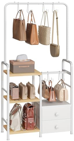 HOOBRO Estantería Alta de 3 Niveles para Bolsos de Mano, con Ganchos y Cajón, Organizador Independiente para Exhibir Bolsos, para Guardarropa, Entrada, Dormitorio, Natural y Blanco EWN98CJ01