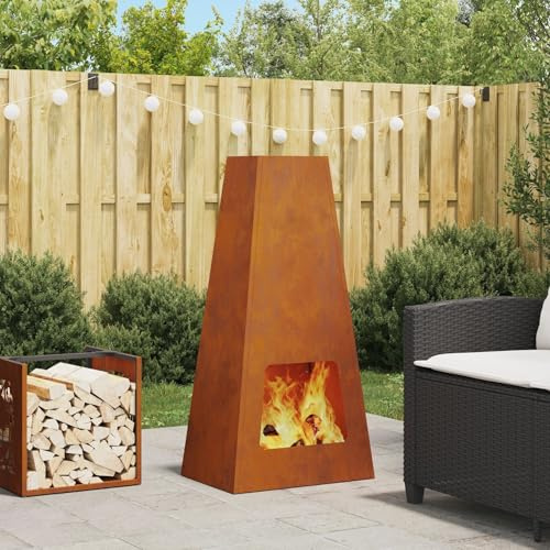 BARULUOAKLIFE Focolare a Piramide a Legna da Esterno in Acciaio Marrone Invecchiato, 50x35x100 cm, Impermeabile e Resistente alla Ruggine per Balcone Giardino, Design Moderno per Tronchi