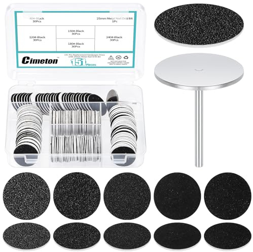 Cimeton 151PCS 5 Sizes Black 80# 120# 150# 180# 240# Grits Replacement Sandpaper Disc with Metal Nail Drill Bit Kit Grit Round Pedicure Replacement Sanding Discs for Foot Files Remover Dead