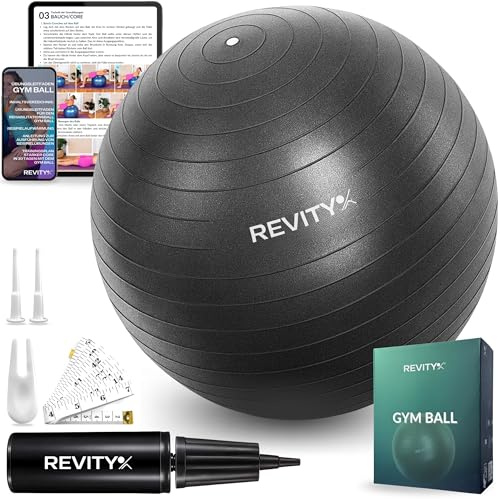 REVITY Ballon de Grossesse et de Gym 65 cm - Swiss Ball et Siège de Bureau Ergonomique - Antidérapant, Antipoussière, Inodore, Anti-Burst Jusqu à 250 kg, Surface Mate, avec Pompe et Plan 30 Jours